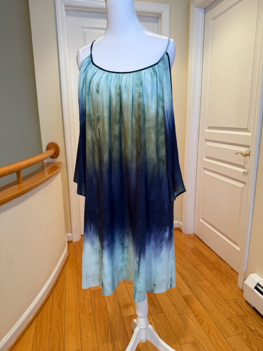 Karen Kane Tie-Dye Ombre Spaghetti Strap Cold Shoulder Dress in Aqua and Navy